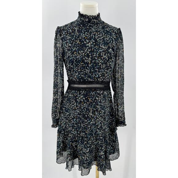 Donna Morgan Black Star Long Sleeve Ruffle Dress Knee Length Small 6 Cottagecore - Picture 1 of 13